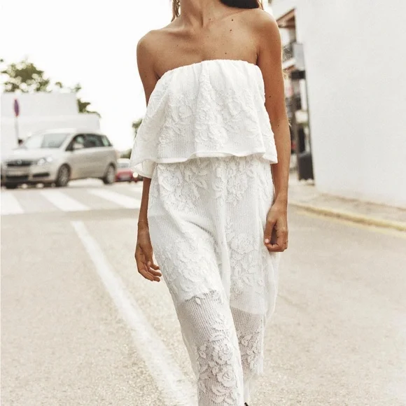 Zara | Dresses | Jacquard Knit Bandeau Dressstraight Neck Midi Dress White  Size M Nwt | Poshmark